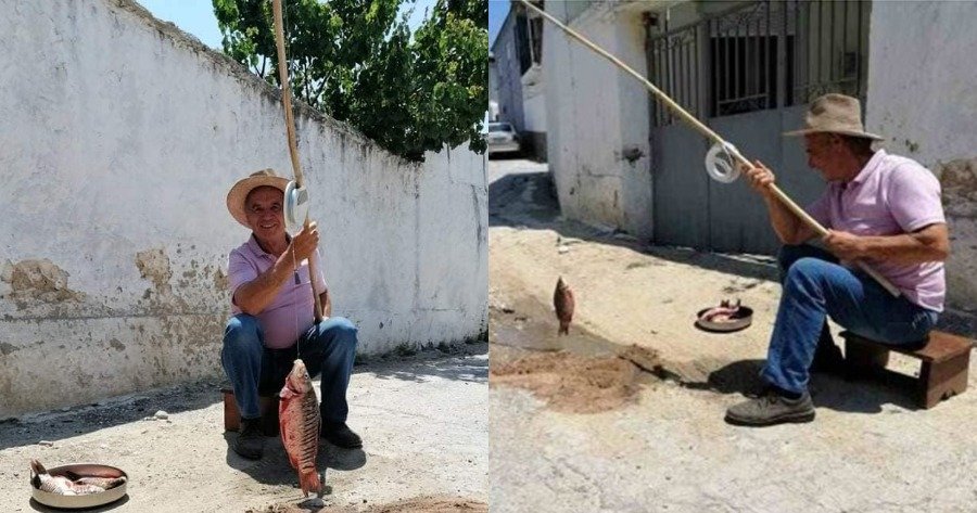Σέρρες: Άνδρας ψαρεύει, με καλάμι σε λακούβες από τριτοκοσμικούς δρόμους της περιοχής