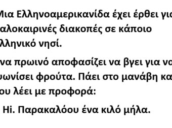 Μια Ελληνοαμερικανίδα έχει έρθει για καλοκαιρινές διακοπές σε κάποιο ελληνικό νησί.
